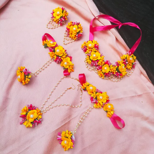Pink_&_Yellow__Sharda_Fabric_Flower_jewellery_For_Women