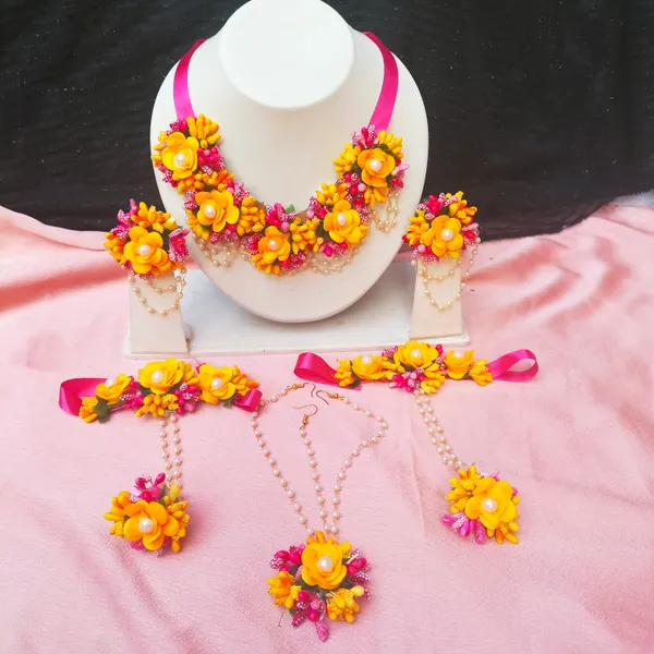 Pink_&_Yellow__Sharda_Fabric_Flower_jewellery_For_Women