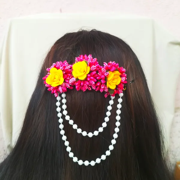 Pink__And_Yellow__Preeta_Fabric_Hair_Brooch_For_Girls_&_Women