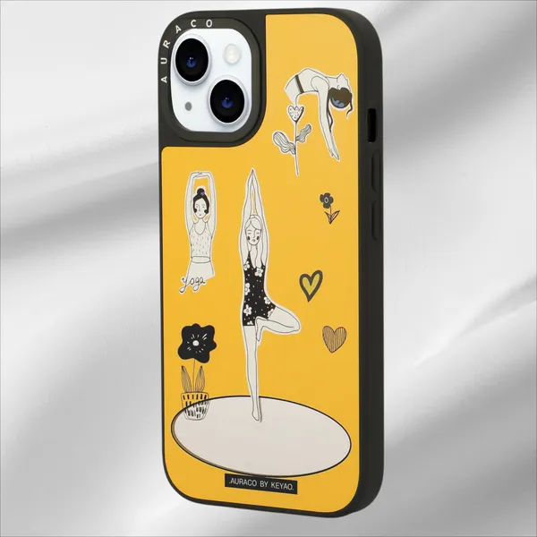 Back_Cover_Mustard_Yellow_With_&_White_Artwork_Yoga_Girl_Iphone_15_Phone_Case