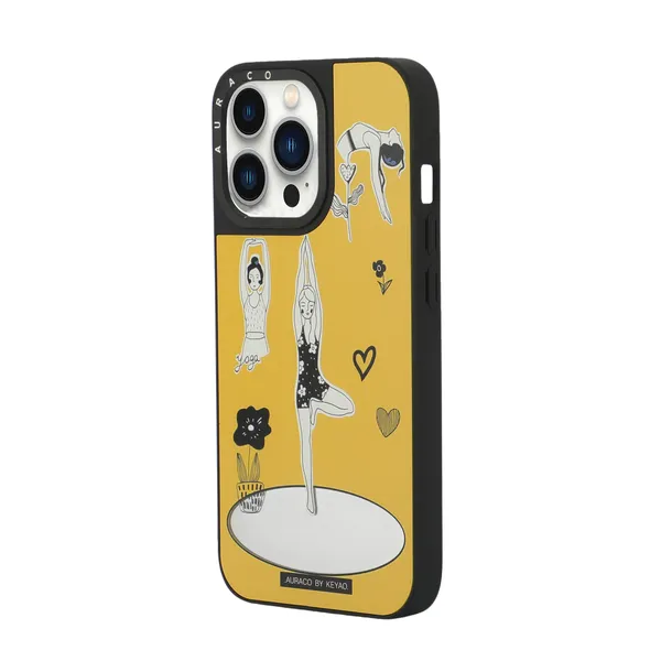 Back_Cover_Mustard_Yellow_With_&_White_Artwork_Yoga_Girl_Iphone_13Pro_Phone_Case