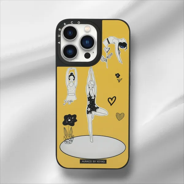Back_Cover_Mustard_Yellow_With_&_White_Artwork_Yoga_Girl_Iphone_13Pro_Phone_Case