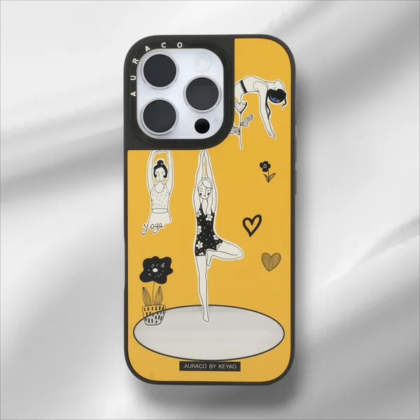 Back_Cover_Mustard_Yellow_With_&_White_Artwork_Yoga_Girl_Iphone_14_Pro_Phone_Case