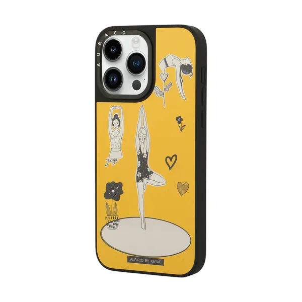 Back_Cover_Mustard_Yellow_With_&_White_Artwork_Yoga_Girl_Iphone_14_Pro_Phone_Case