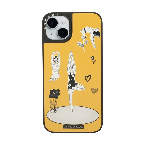 Back_Cover_Mustard_Yellow_With_&_White_Artwork_Yoga_Girl_Iphone_15_Plus_Phone_Case