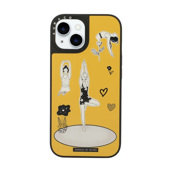 Back_Cover_Yoga_Girl_Built_in_Miroor_Iphone_13/14_Phone_Case_Mustard_Yellow_With_&_White_Artwork