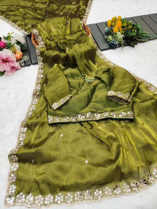 Olive_Green_Beautiful_Party_Wear_Mirror_Work_Saree_Collection_Presented
