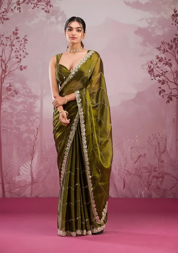 Olive_Green_Beautiful_Party_Wear_Mirror_Work_Saree_Collection_Presented