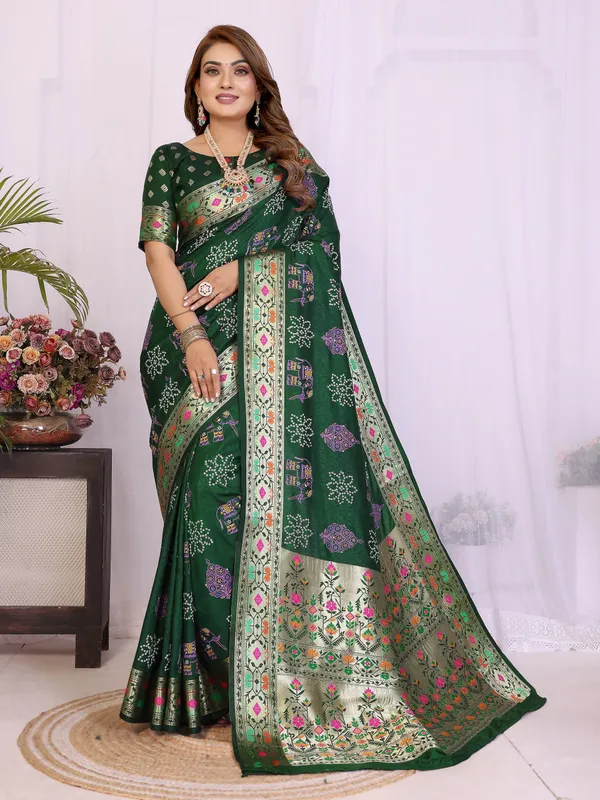 Green_Soft_Dola_Silk_Bandhej_Khadi_Print_Sarees_With_Allover_Zari_Weaving_Border_Design