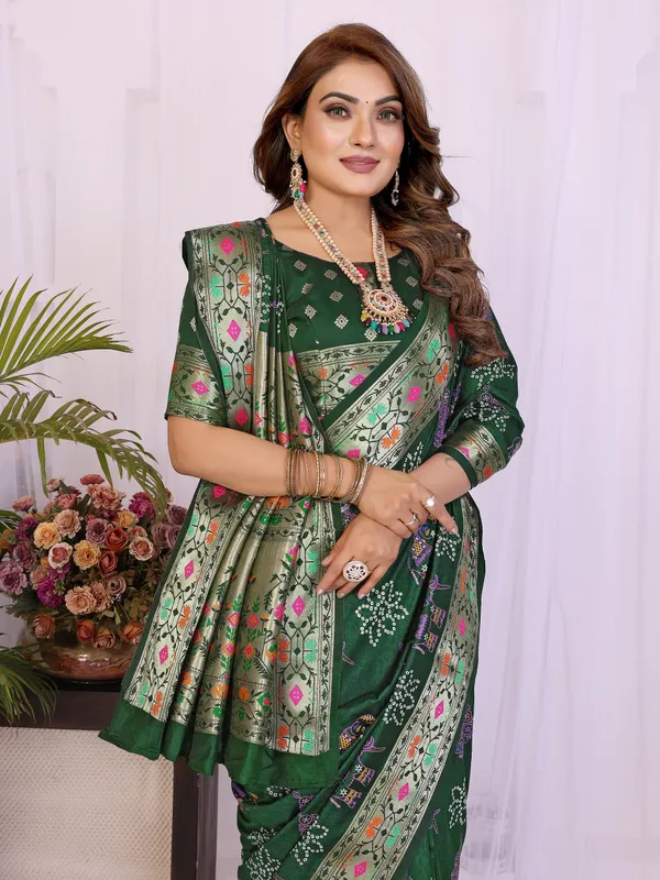 Green_Soft_Dola_Silk_Bandhej_Khadi_Print_Sarees_With_Allover_Zari_Weaving_Border_Design