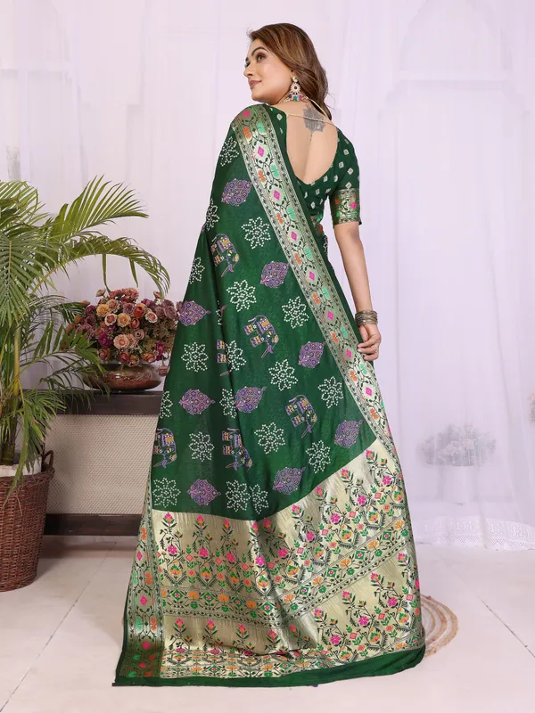 Green_Soft_Dola_Silk_Bandhej_Khadi_Print_Sarees_With_Allover_Zari_Weaving_Border_Design