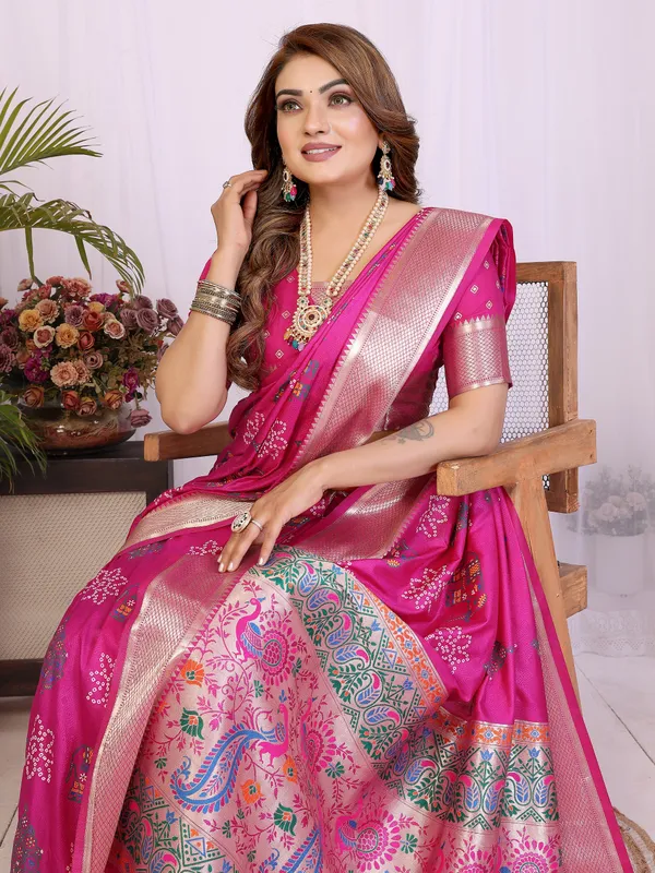 Hot_Pink_Soft_Dola_Silk_Bandhej_Khadi_Print_Sarees_With_Allover_Zari_Weaving_Border_Design