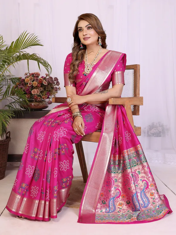 Hot_Pink_Soft_Dola_Silk_Bandhej_Khadi_Print_Sarees_With_Allover_Zari_Weaving_Border_Design