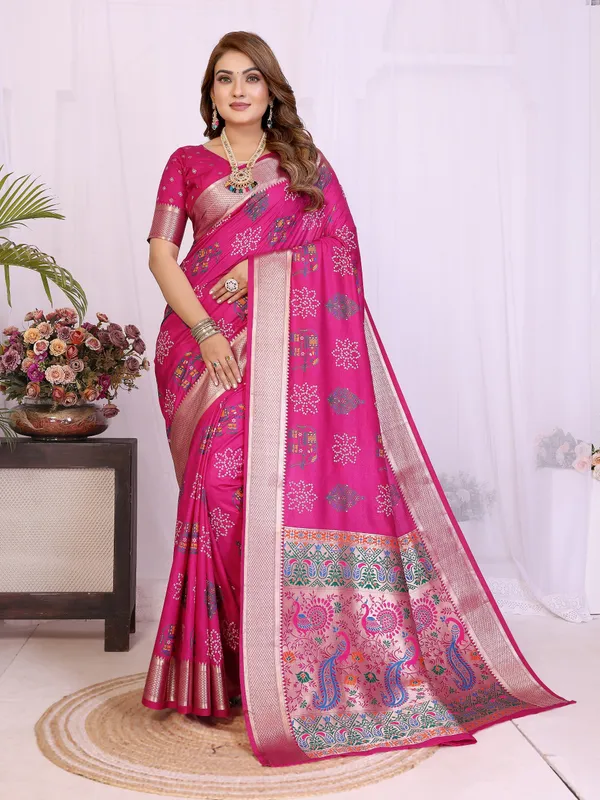 Hot_Pink_Soft_Dola_Silk_Bandhej_Khadi_Print_Sarees_With_Allover_Zari_Weaving_Border_Design