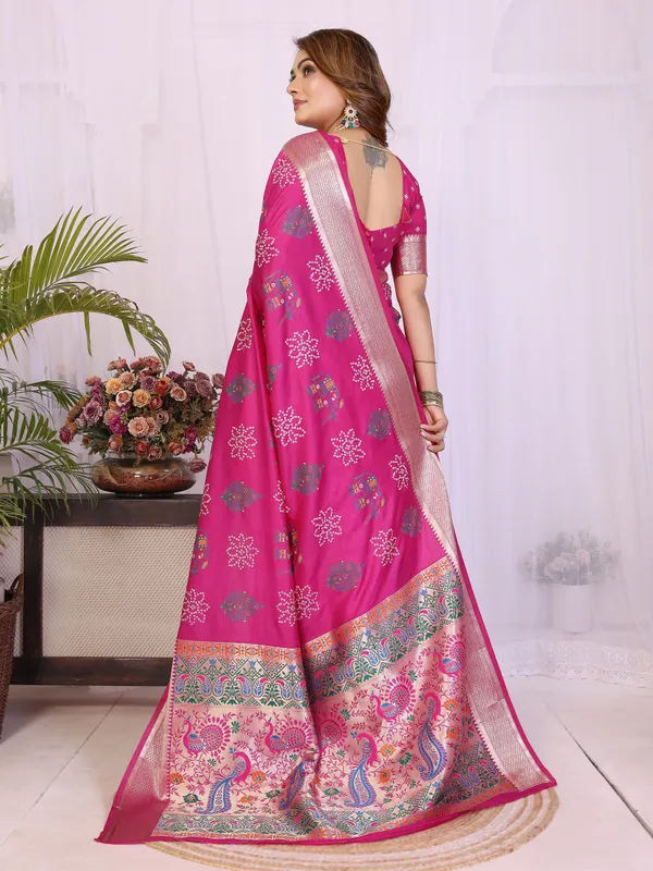Hot_Pink_Soft_Dola_Silk_Bandhej_Khadi_Print_Sarees_With_Allover_Zari_Weaving_Border_Design