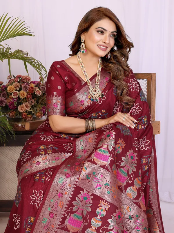 Maroon_Soft_Dola_Silk_Bandhej_Khadi_Print_Sarees_With_Allover_Zari_Weaving_Border_Design