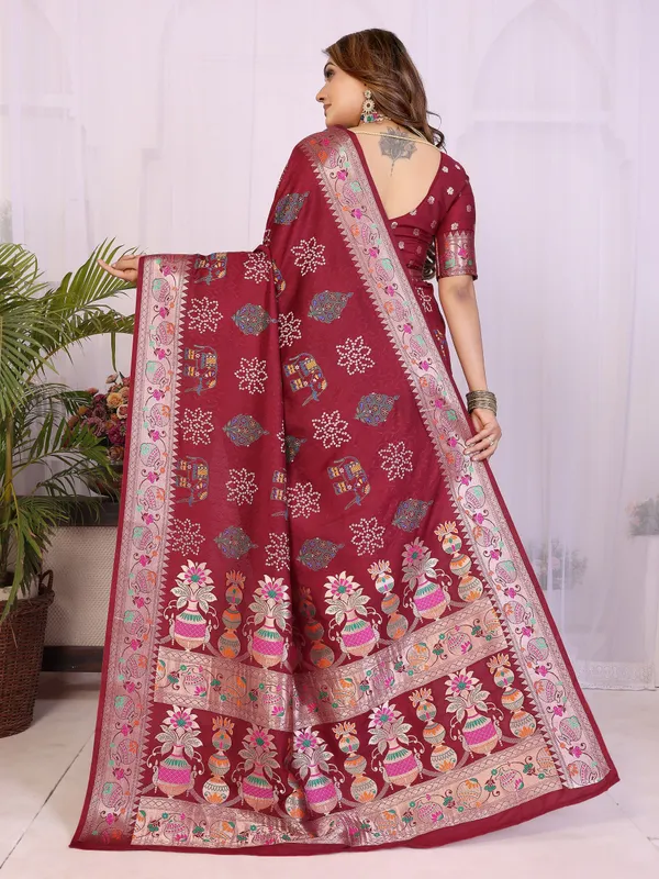 Maroon_Soft_Dola_Silk_Bandhej_Khadi_Print_Sarees_With_Allover_Zari_Weaving_Border_Design