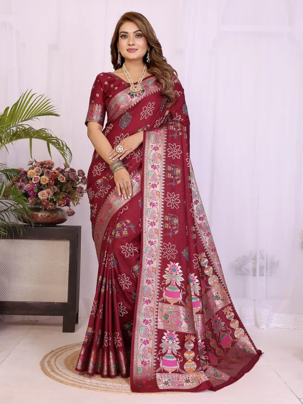 Maroon_Soft_Dola_Silk_Bandhej_Khadi_Print_Sarees_With_Allover_Zari_Weaving_Border_Design