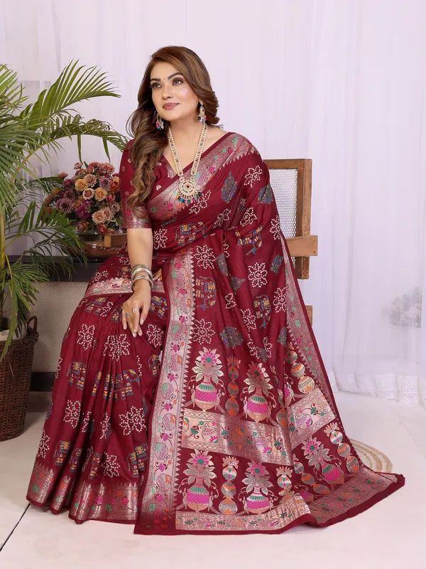 Maroon_Soft_Dola_Silk_Bandhej_Khadi_Print_Sarees_With_Allover_Zari_Weaving_Border_Design