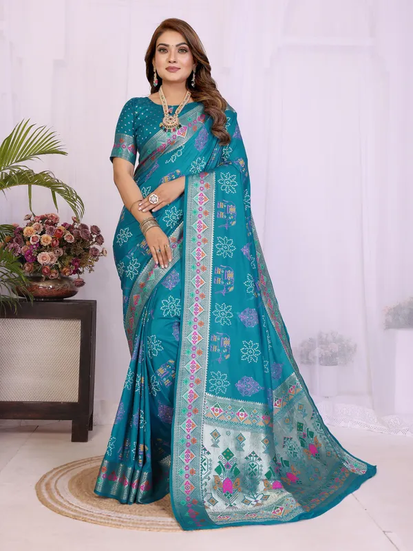 Peacock_Blue_Soft_Dola_Silk_Bandhej_Khadi_Print_Sarees_With_Allover_Zari_Weaving_Border_Design
