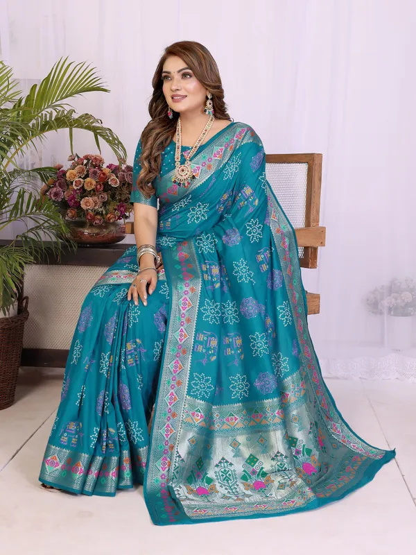 Peacock_Blue_Soft_Dola_Silk_Bandhej_Khadi_Print_Sarees_With_Allover_Zari_Weaving_Border_Design