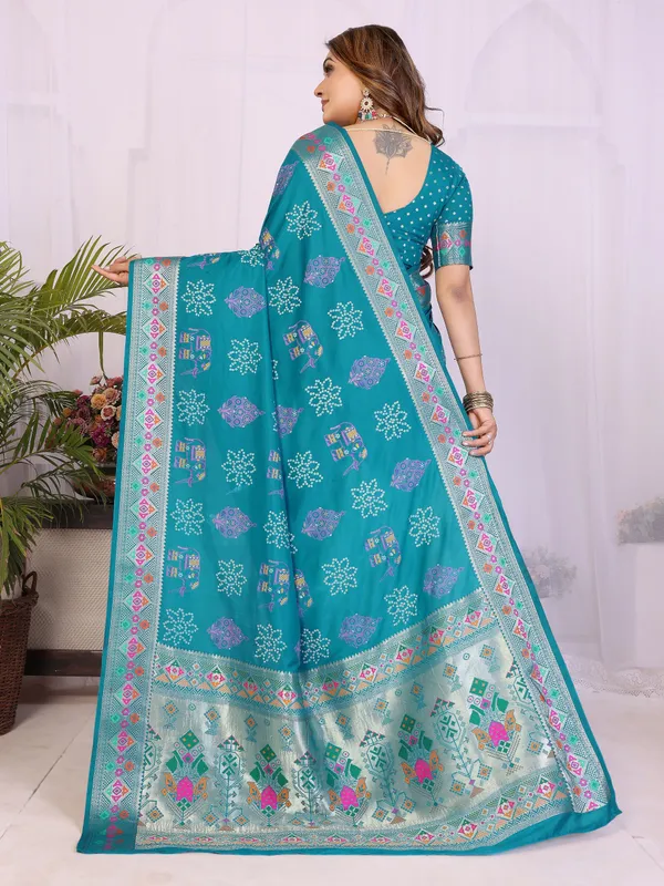 Peacock_Blue_Soft_Dola_Silk_Bandhej_Khadi_Print_Sarees_With_Allover_Zari_Weaving_Border_Design
