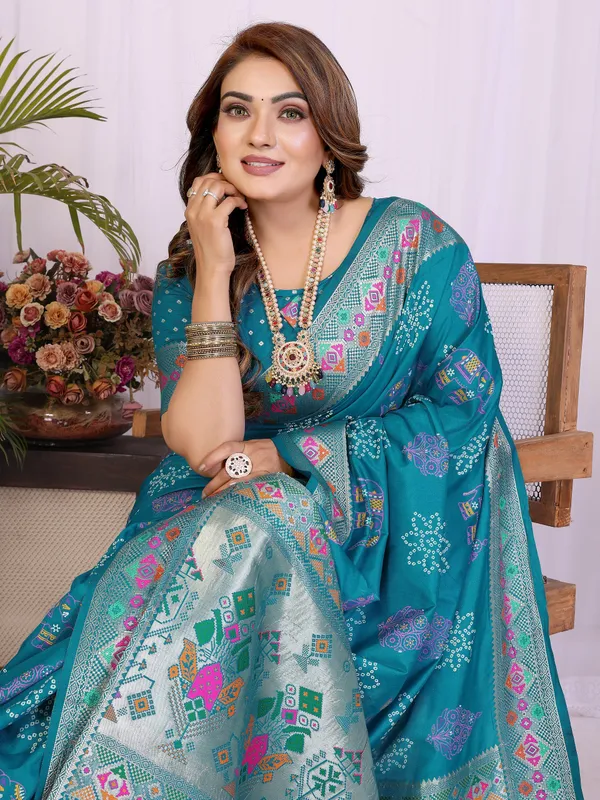 Peacock_Blue_Soft_Dola_Silk_Bandhej_Khadi_Print_Sarees_With_Allover_Zari_Weaving_Border_Design