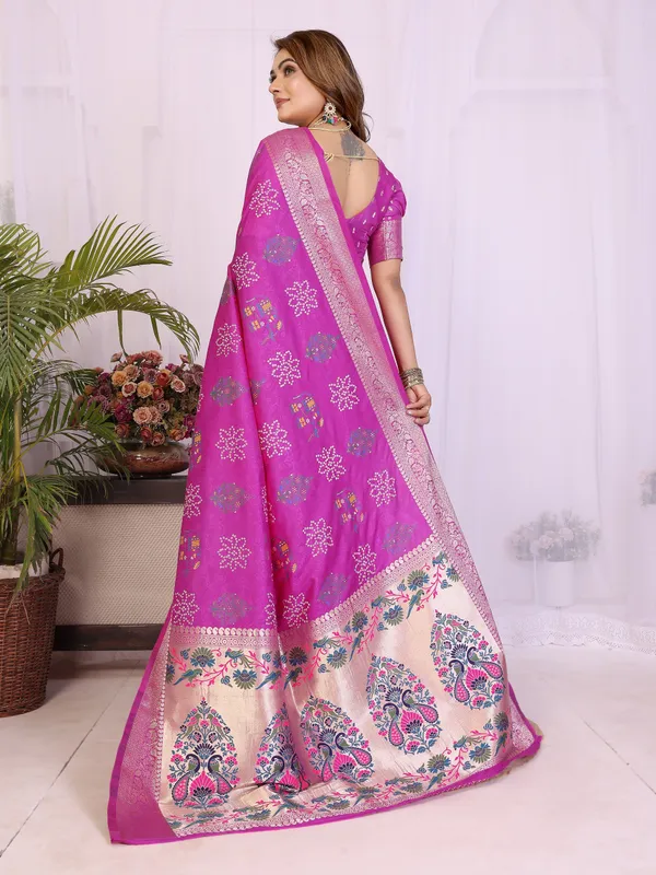 Pink_Soft_Dola_Silk_Bandhej_Khadi_Print_Sarees_With_Allover_Zari_Weaving_Border_Design
