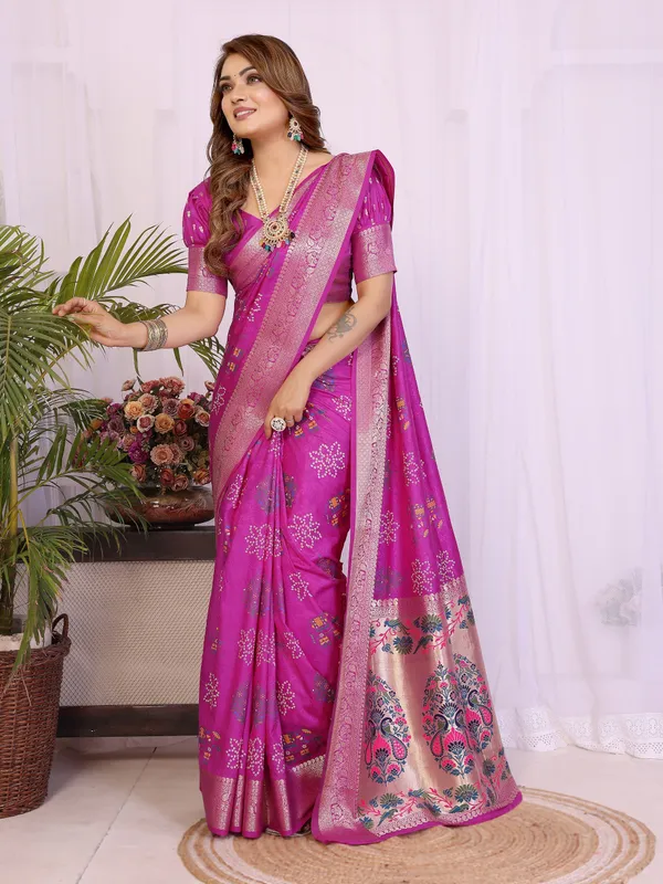 Pink_Soft_Dola_Silk_Bandhej_Khadi_Print_Sarees_With_Allover_Zari_Weaving_Border_Design