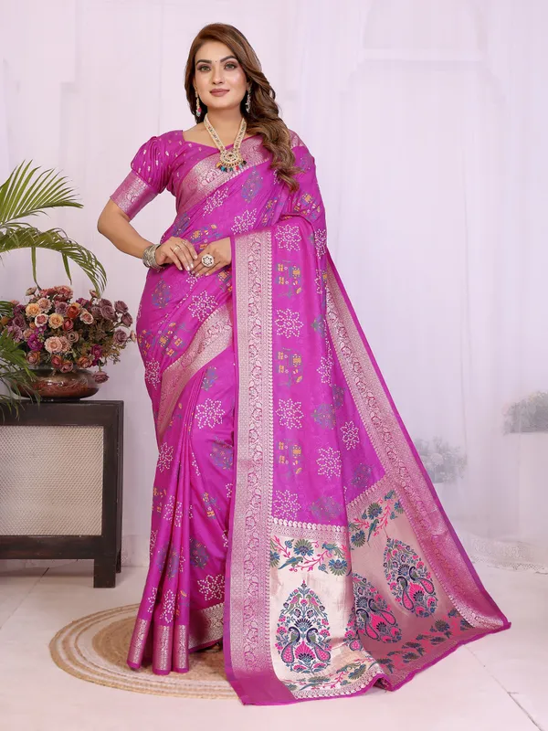 Pink_Soft_Dola_Silk_Bandhej_Khadi_Print_Sarees_With_Allover_Zari_Weaving_Border_Design