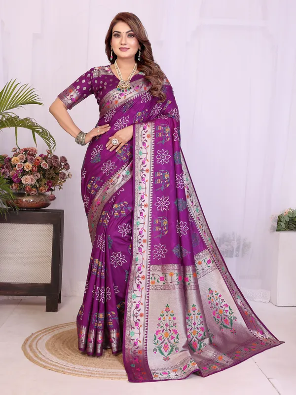 Purple_Soft_Dola_Silk_Bandhej_Khadi_Print_Sarees_With_Allover_Zari_Weaving_Border_Design