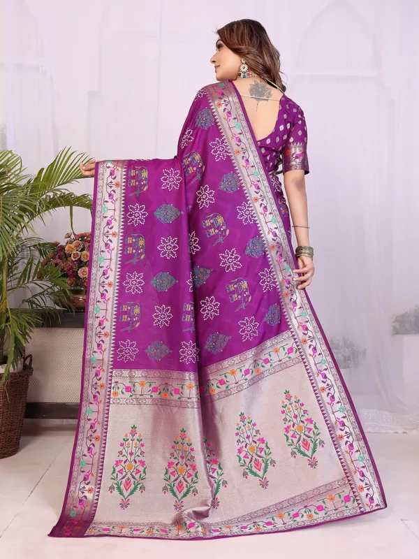 Purple_Soft_Dola_Silk_Bandhej_Khadi_Print_Sarees_With_Allover_Zari_Weaving_Border_Design