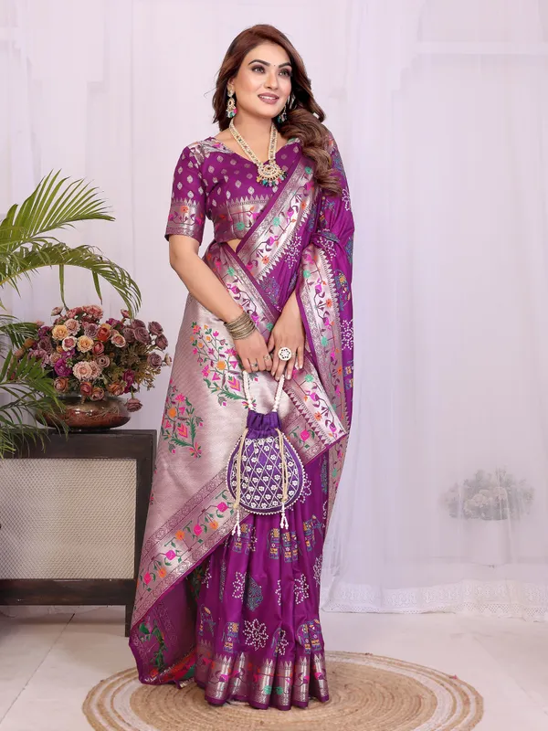 Purple_Soft_Dola_Silk_Bandhej_Khadi_Print_Sarees_With_Allover_Zari_Weaving_Border_Design