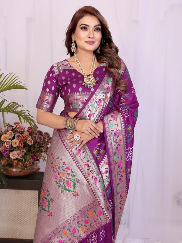 Purple_Soft_Dola_Silk_Bandhej_Khadi_Print_Sarees_With_Allover_Zari_Weaving_Border_Design