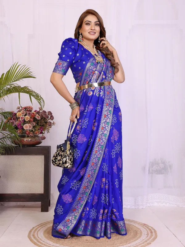 Royal_Blue_Soft_Dola_Silk_Bandhej_Khadi_Print_Sarees_With_Allover_Zari_Weaving_Border_Design