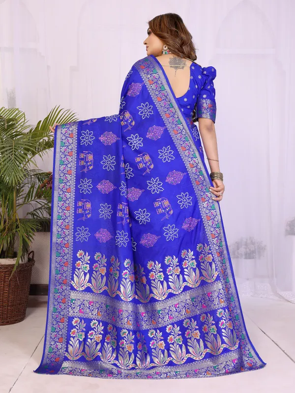 Royal_Blue_Soft_Dola_Silk_Bandhej_Khadi_Print_Sarees_With_Allover_Zari_Weaving_Border_Design