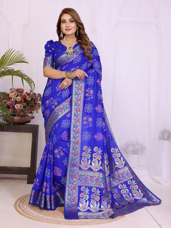 Royal_Blue_Soft_Dola_Silk_Bandhej_Khadi_Print_Sarees_With_Allover_Zari_Weaving_Border_Design