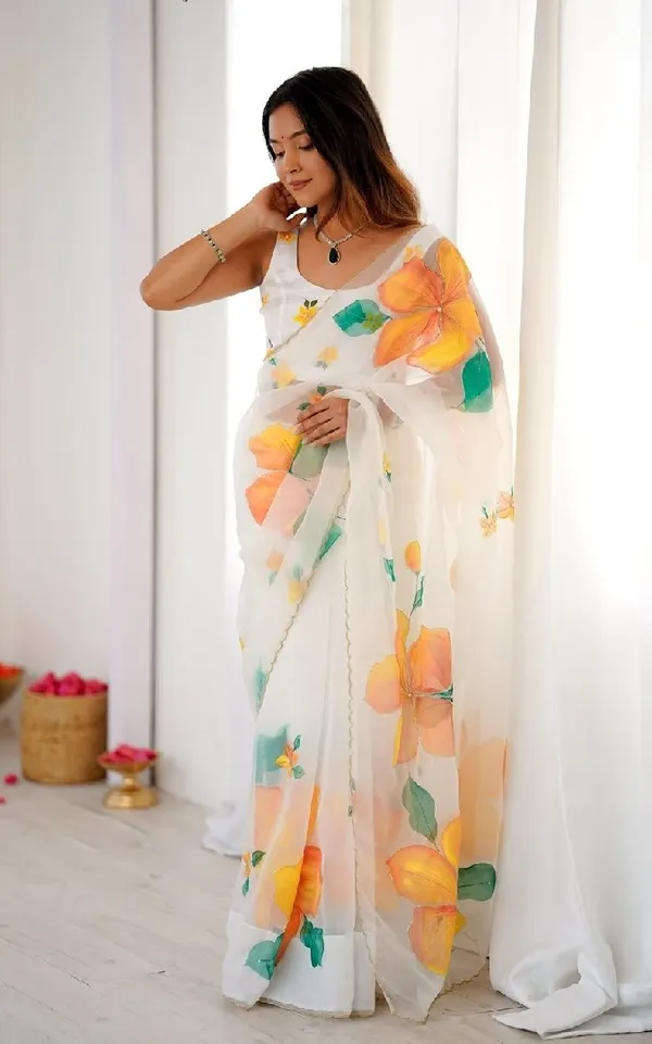White_Designer_Soft_Tebi_Silk_Printed_Saree_and_Val_Moti_Border_Blouse