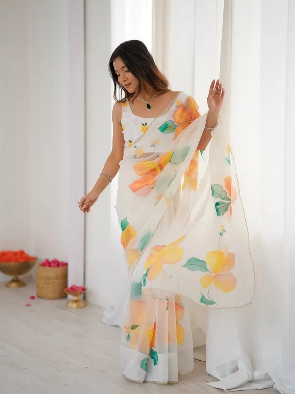 White_Designer_Soft_Tebi_Silk_Printed_Saree_and_Val_Moti_Border_Blouse