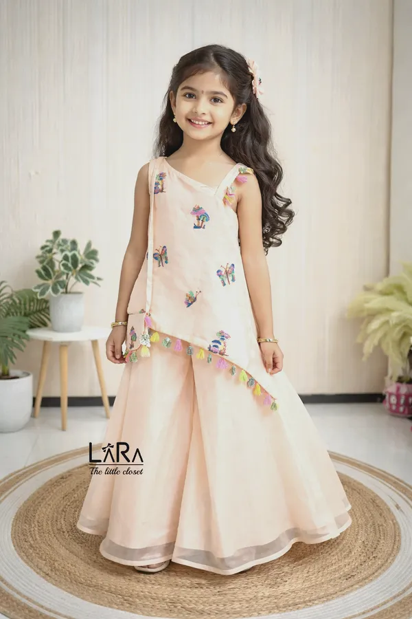 Peach_Coloured_One_Shoulder_Kurti_Palazzo_Set_For_Little_Girls