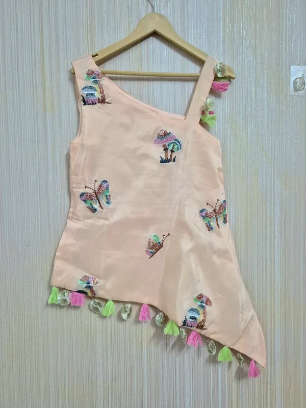 Peach_Coloured_One_Shoulder_Kurti_Palazzo_Set_For_Little_Girls