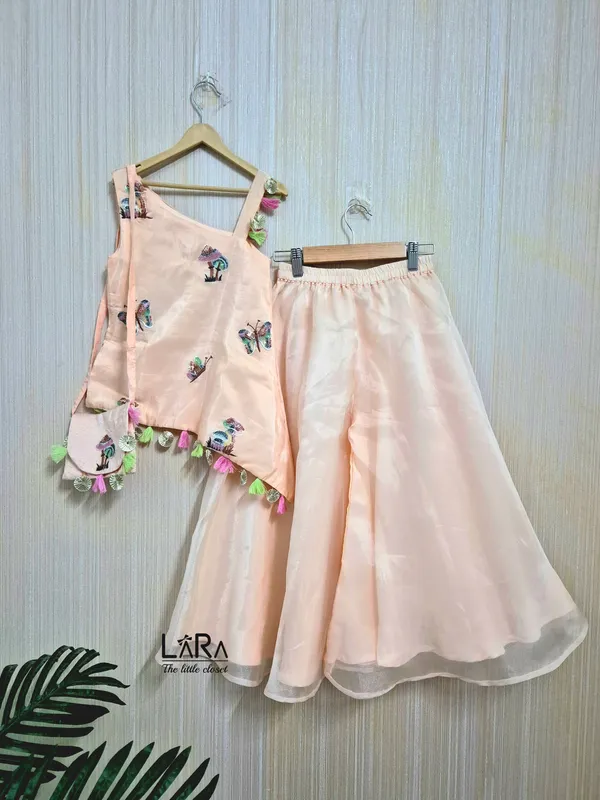 Peach_Coloured_One_Shoulder_Kurti_Palazzo_Set_For_Little_Girls