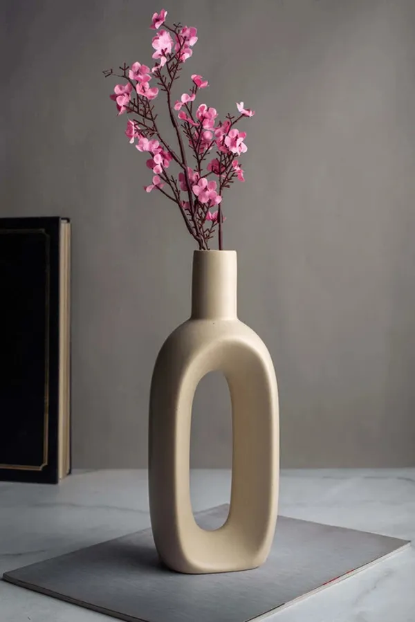 White_Handmade_Ceramic_Oval_Shape_Long_Flower_Vase,__Ceramic_Long_Ring_Flower_Vase_(8_Inch)