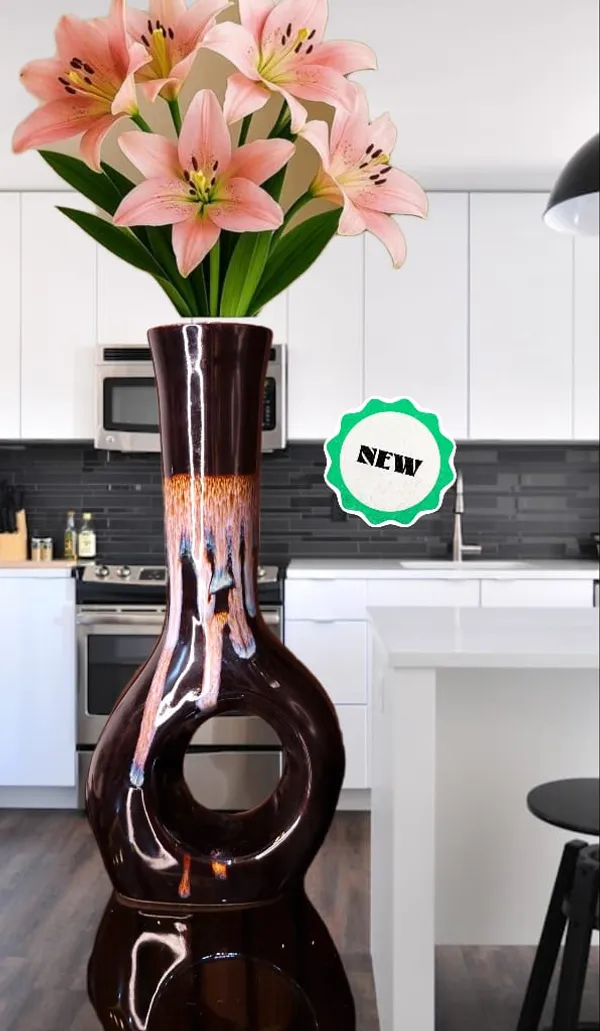 KANHA_ENTERPRISES_Black_Home_Decorative_Ceramic_Bud_Vase?Long_Neck_Design_Flower_Vase?Modern_Living_Room_Table_Decor_Ceramic_Pot?Donut_Shape_Flower_Vase(13_Inch)