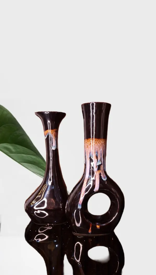KANHA_ENTERPRISES_Black_Home_Decorative_Ceramic_Bud_Vase?Long_Neck_Design_Flower_Vase?Modern_Living_Room_Table_Decor_Ceramic_Pot?Donut_Shape_Flower_Vase(13_Inch)