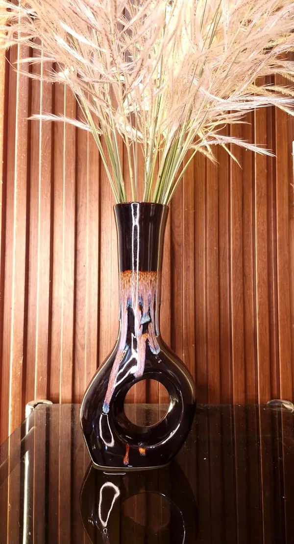 KANHA_ENTERPRISES_Black_Home_Decorative_Ceramic_Bud_Vase?Long_Neck_Design_Flower_Vase?Modern_Living_Room_Table_Decor_Ceramic_Pot?Donut_Shape_Flower_Vase(13_Inch)