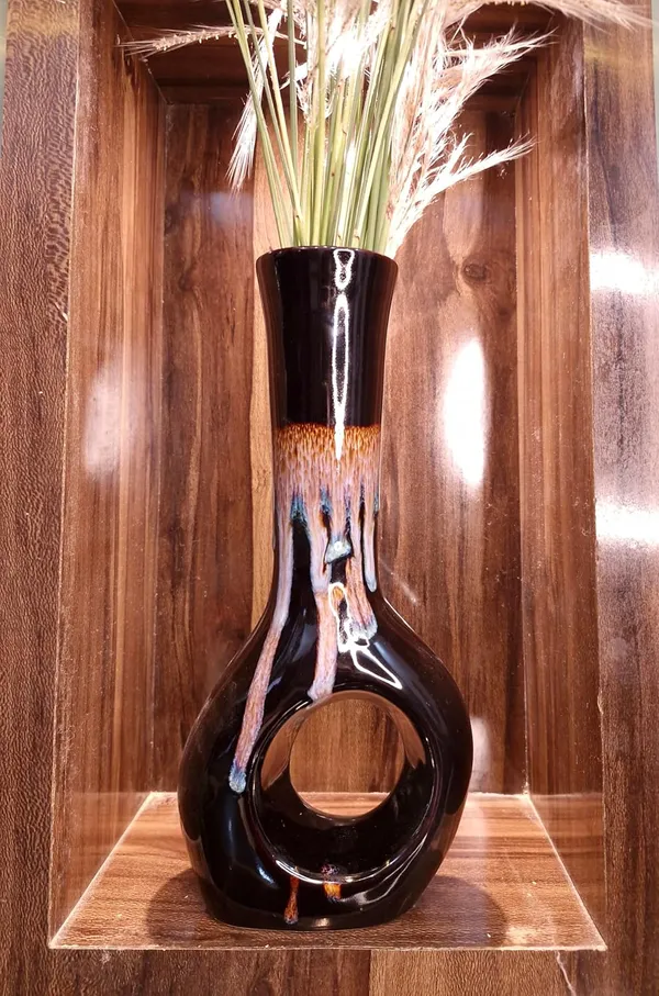 KANHA_ENTERPRISES_Black_Home_Decorative_Ceramic_Bud_Vase?Long_Neck_Design_Flower_Vase?Modern_Living_Room_Table_Decor_Ceramic_Pot?Donut_Shape_Flower_Vase(13_Inch)