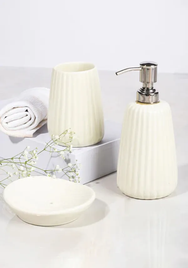 White_Handicraft_Ceramic_Bathroom_Set,_Bath_Accessories_Kit_with_Soap_Dispenser,_Toothbrush_Holder,_Tumbler_&_Soap_Dish_Holder,_Modern_Designer_Decor_for_Home_(3_Pcs_Set)