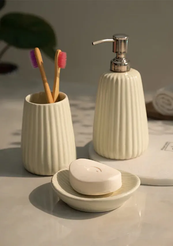 White_Handicraft_Ceramic_Bathroom_Set,_Bath_Accessories_Kit_with_Soap_Dispenser,_Toothbrush_Holder,_Tumbler_&_Soap_Dish_Holder,_Modern_Designer_Decor_for_Home_(3_Pcs_Set)
