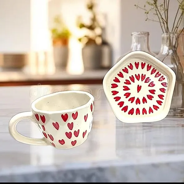 White_&_Red_Handicraft_Ceramic_Tea_Cup_and_Plate,_Beautiful_Ceramic_Cup_and_Saucer,_Coffee_Mug_and_Plate_With_Heart_Printed_(250_ML)